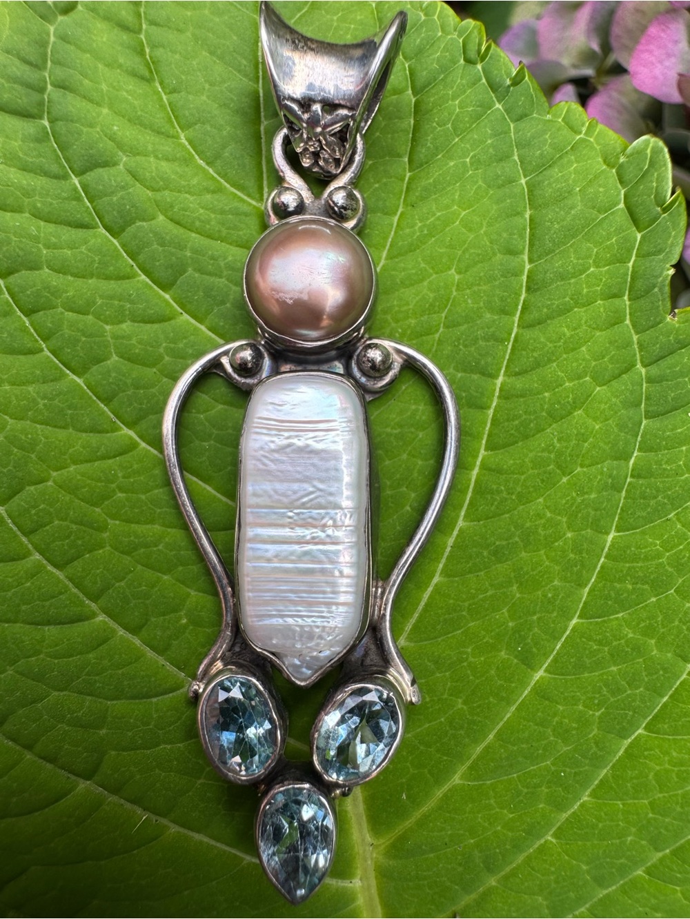 Sterling Silver Multi-Gem Pearl, Blue Topaz and Mother-of-Pearl Pendant